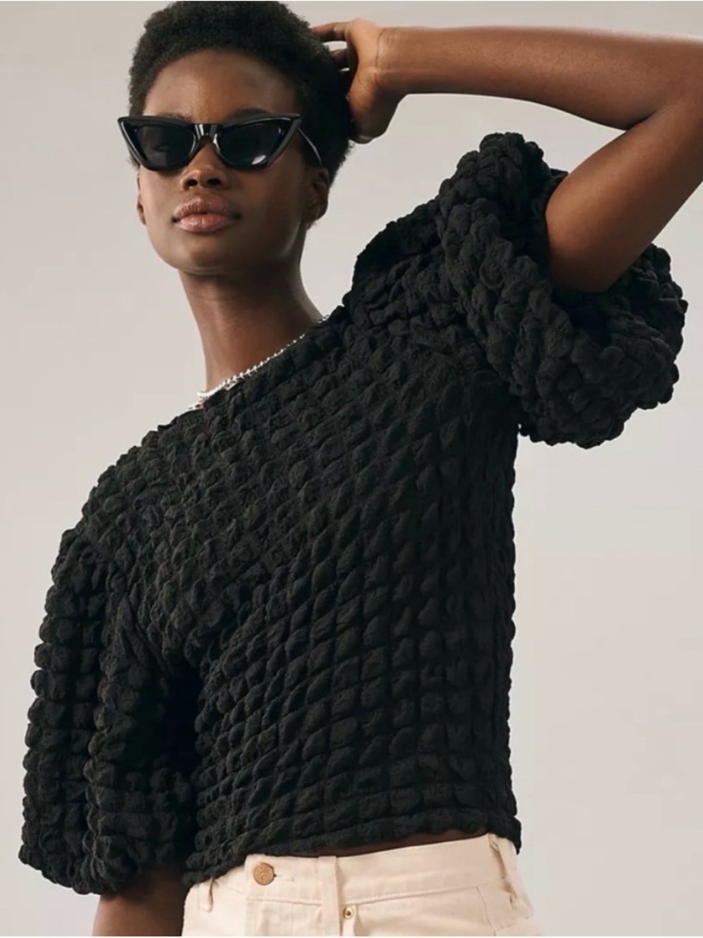 Eri + Ali for Anthropologie Textured Puff Sleeve Black Top. Size XL. NWT.